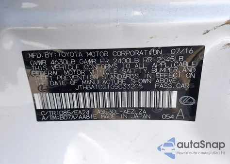 2016 Lexus Is 200T z USA, uszkodzony, nr VIN JTHBA1D21G5033205